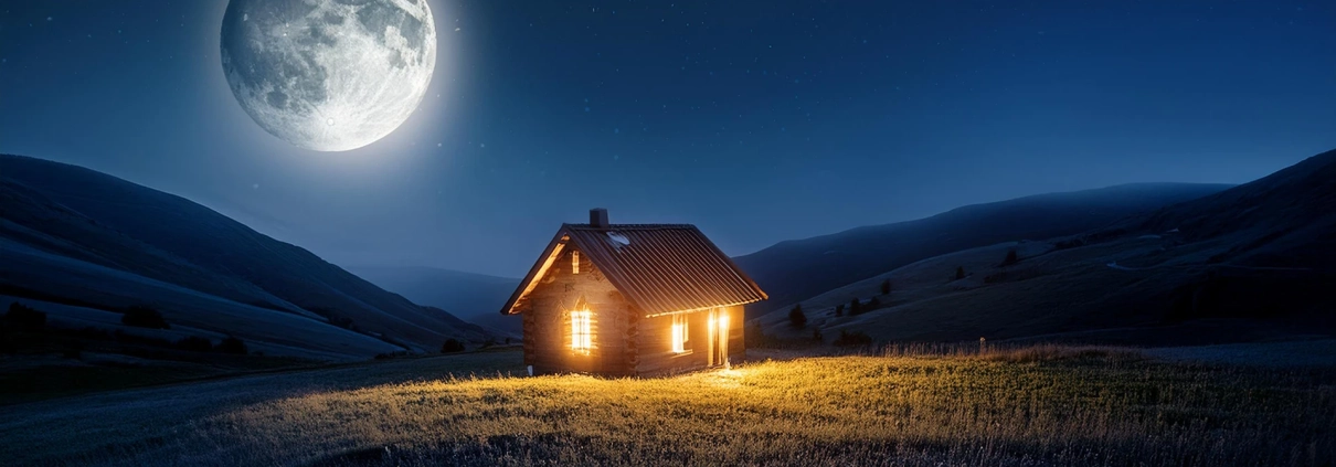 Notte una piccola casetta sulla collina con la luce fioca di una candela. In cielo la luna piena - testi e poesie di Vittorio Errico