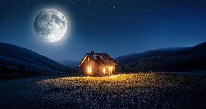 Notte una piccola casetta sulla collina con la luce fioca di una candela. In cielo la luna piena - testi e poesie di Vittorio Errico