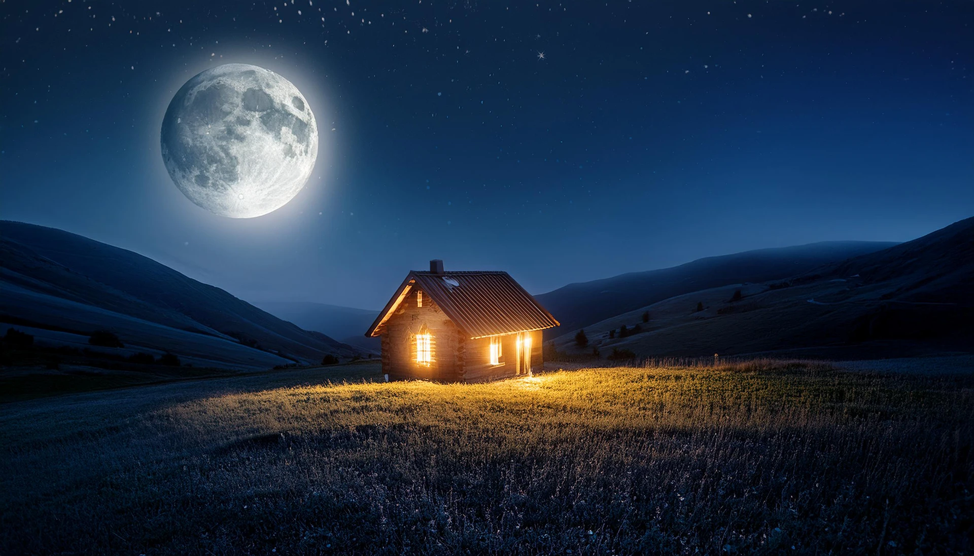 Notte una piccola casetta sulla collina con la luce fioca di una candela. In cielo la luna piena - testi e poesie di Vittorio Errico