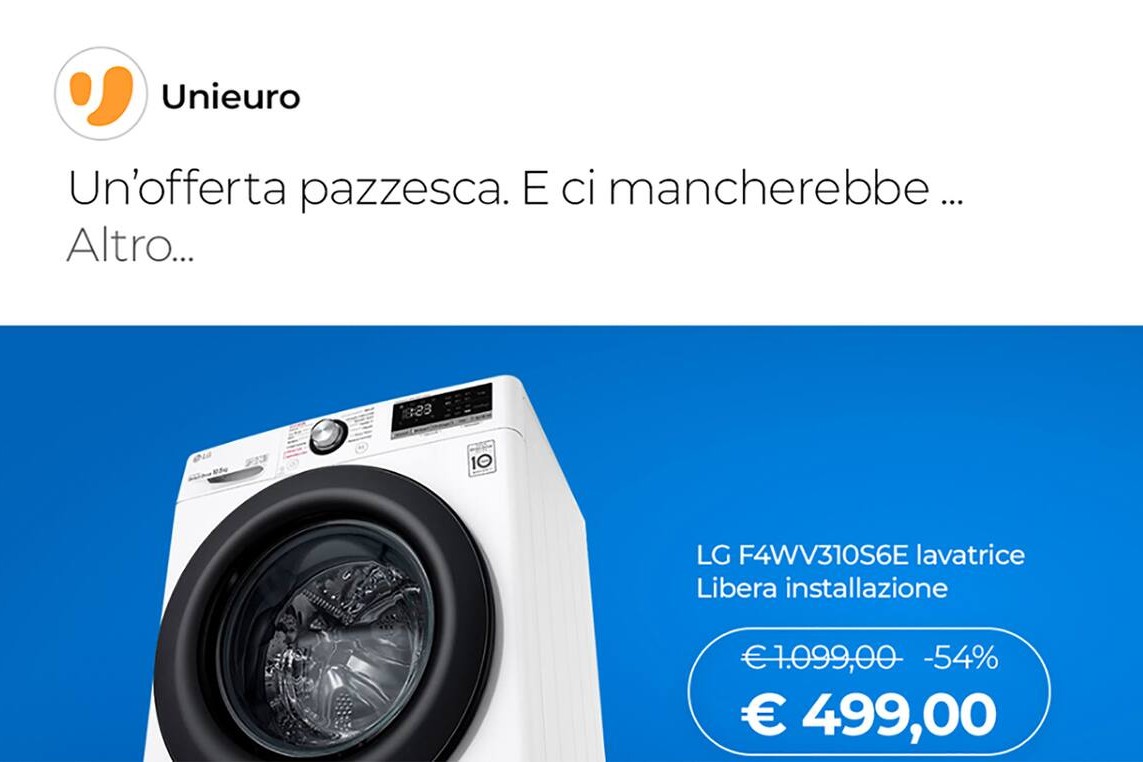 Il post di Unieuro con l'offerta della lavatrice
